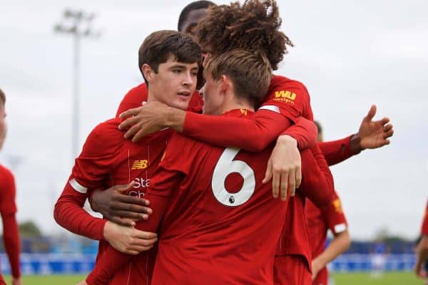 LIVERPOOL, ENGLAND - Saturday, October 5, 2019: Liverpool's Leighton Clarkson (#6) celebrates with team-mate Layton Stewart after forcing the third goal, an own-goal from Everton's Reece Welch, during the Under-18 FA Premier League match between Everton FC and Liverpool FC at Finch Farm. (Pic by David Rawcliffe/Propaganda)