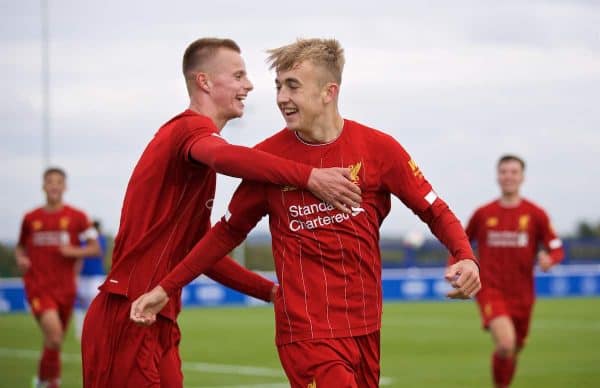 LIVERPOOL, ENGLAND - Saturday, October 5, 2019: Liverpool's Jack Cain (R) celebrates scoring the fourth goal with team-mate Niall Brookwell during the Under-18 FA Premier League match between Everton FC and Liverpool FC at Finch Farm. (Pic by David Rawcliffe/Propaganda)