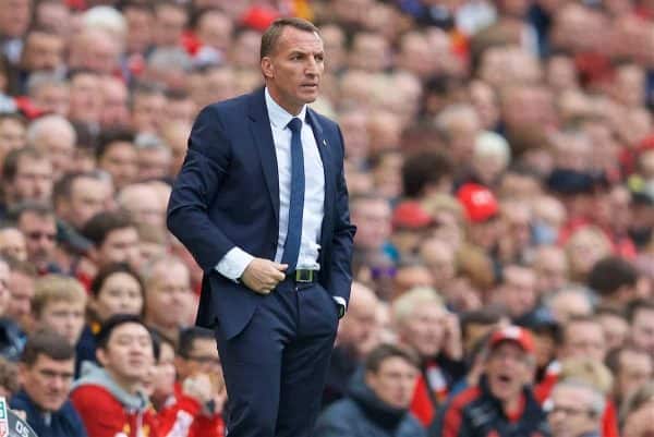 LIVERPOOL, ENGLAND - Saturday, October 5, 2019: Leicester City's manager Brendan Rodgers during the FA Premier League match between Liverpool FC and Leicester City FC at Anfield. (Pic by David Rawcliffe/Propaganda)