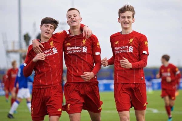 LIVERPOOL, ENGLAND - Saturday, October 5, 2019: Liverpool's substitute Tyler Morton (R) celebrates scoring the sixth goal with team-mates Layton Stewart (L) and Niall Brookwell (C) during the Under-18 FA Premier League match between Everton FC and Liverpool FC at Finch Farm. (Pic by David Rawcliffe/Propaganda)