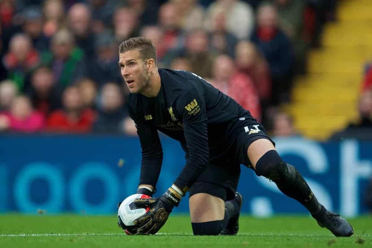 LIVERPOOL, ENGLAND - Saturday, October 5, 2019: Liverpool's goalkeeper Adrián San Miguel del Castillo during the FA Premier League match between Liverpool FC and Leicester City FC at Anfield. (Pic by David Rawcliffe/Propaganda)