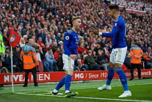 LIVERPOOL, ENGLAND - Saturday, October 5, 2019: Leicester City's James Maddison celebrates scoring the first equalising goal with team-mate Ayoze Pérez during the FA Premier League match between Liverpool FC and Leicester City FC at Anfield. (Pic by David Rawcliffe/Propaganda)