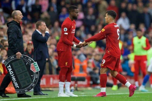 LIVERPOOL, ENGLAND - Saturday, October 5, 2019: Liverpool's Roberto Firmino is substituted for Divock Origi during the FA Premier League match between Liverpool FC and Leicester City FC at Anfield. (Pic by David Rawcliffe/Propaganda)