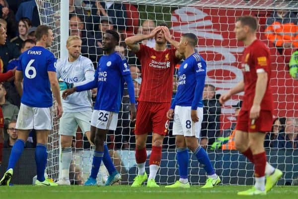 LIVERPOOL, ENGLAND - Saturday, October 5, 2019: Liverpool's Dejan Lovren looks dejected after missing a chance during the FA Premier League match between Liverpool FC and Leicester City FC at Anfield. (Pic by David Rawcliffe/Propaganda)