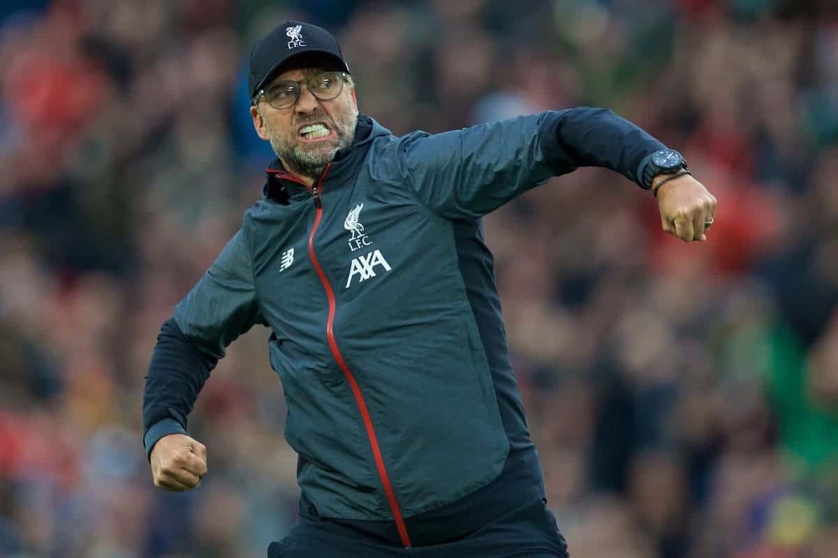 LIVERPOOL, ENGLAND - Saturday, October 5, 2019: Liverpool's manager Jürgen Klopp celebrates in front of the Spion Kop after the FA Premier League match between Liverpool FC and Leicester City FC at Anfield. Liverpool won 2-1. (Pic by David Rawcliffe/Propaganda)