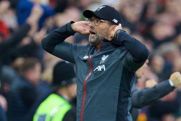 LIVERPOOL, ENGLAND - Saturday, October 5, 2019: Liverpool's manager Jürgen Klopp celebrates the winning second goal, an injury time penalty, during the FA Premier League match between Liverpool FC and Leicester City FC at Anfield. Liverpool won 2-1. (Pic by David Rawcliffe/Propaganda)