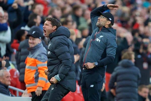 LIVERPOOL, ENGLAND - Saturday, October 5, 2019: Liverpool's manager Jürgen Klopp celebrates the winning second goal, an injury time penalty, during the FA Premier League match between Liverpool FC and Leicester City FC at Anfield. Liverpool won 2-1. (Pic by David Rawcliffe/Propaganda)