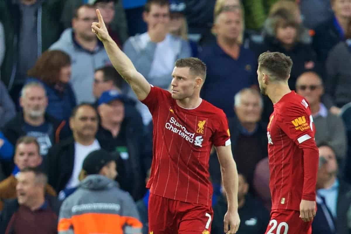 LIVERPOOL, ENGLAND - Saturday, October 5, 2019: Liverpool's James Milner celebrates after scoring the winning second goal, an injury time penalty, during the FA Premier League match between Liverpool FC and Leicester City FC at Anfield. Liverpool won 2-1. (Pic by David Rawcliffe/Propaganda)