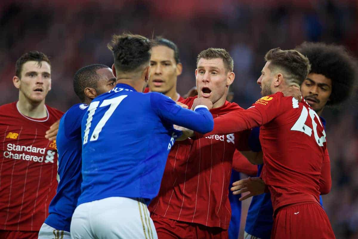 LIVERPOOL, ENGLAND - Saturday, October 5, 2019: Leicester City's Ayoze Pérez clashes with Liverpool's James Milner and Adam Lallana at the final whistle during the FA Premier League match between Liverpool FC and Leicester City FC at Anfield. Liverpool won 2-1. (Pic by David Rawcliffe/Propaganda)