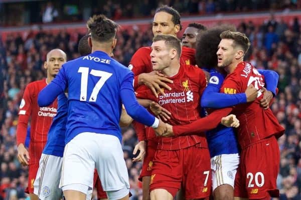 LIVERPOOL, ENGLAND - Saturday, October 5, 2019: Leicester City's Ayoze Pérez clashes with Liverpool's James Milner and Adam Lallana at the final whistle during the FA Premier League match between Liverpool FC and Leicester City FC at Anfield. Liverpool won 2-1. (Pic by David Rawcliffe/Propaganda)