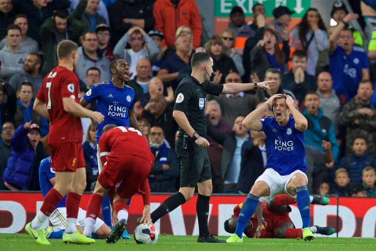 LIVERPOOL, ENGLAND - Saturday, October 5, 2019: Leicester City's Jonny Evans appeals as the referee awards Liverpool an injury time penalty after a foul on Sadio Mane during the FA Premier League match between Liverpool FC and Leicester City FC at Anfield. Liverpool won 2-1. (Pic by David Rawcliffe/Propaganda)