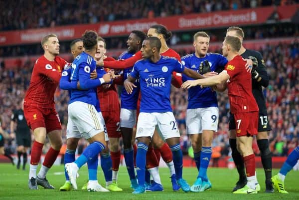 LIVERPOOL, ENGLAND - Saturday, October 5, 2019: Leicester City's Ayoze Pérez clashes with Liverpool players at the final whistle during the FA Premier League match between Liverpool FC and Leicester City FC at Anfield. Liverpool won 2-1. (Pic by David Rawcliffe/Propaganda)