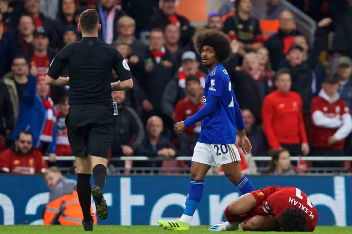 LIVERPOOL, ENGLAND - Saturday, October 5, 2019: Leicester City's Hamza Choudhury is shown a yellow card after a late tackle on Liverpool's Mohamed Salah during the FA Premier League match between Liverpool FC and Leicester City FC at Anfield. (Pic by David Rawcliffe/Propaganda)