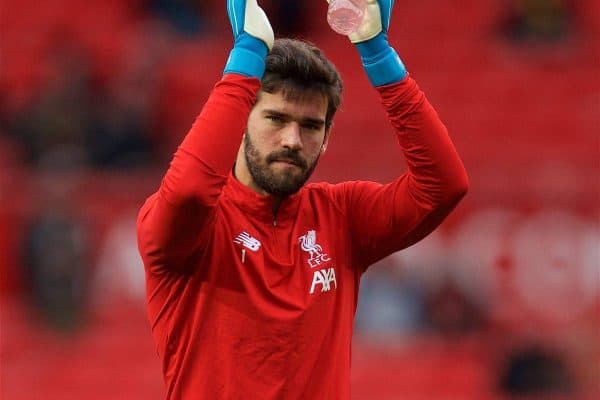 MANCHESTER, ENGLAND - Saturday, October 19, 2019: Liverpool's goalkeeper Alisson Becker during the pre-match warm-up before the FA Premier League match between Manchester United FC and Liverpool FC at Old Trafford. (Pic by David Rawcliffe/Propaganda)