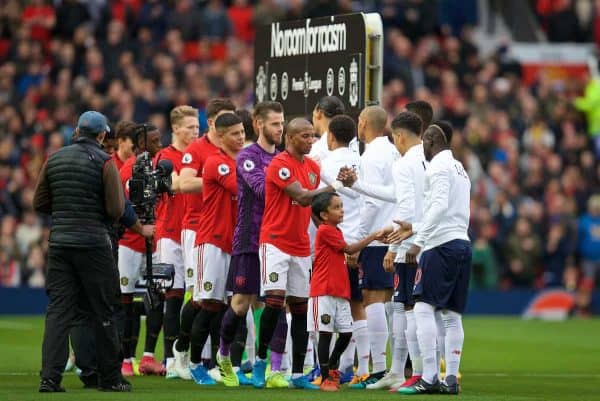 MANCHESTER, ENGLAND - Saturday, October 19, 2019: Manchester United and Liverpool players shake hands before the FA Premier League match between Manchester United FC and Liverpool FC at Old Trafford. (Pic by David Rawcliffe/Propaganda)