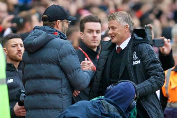 MANCHESTER, ENGLAND - Saturday, October 19, 2019: Liverpool's manager Jürgen Klopp (L) shakes hands with Manchester United's manager Ole Gunnar Solskjær during the FA Premier League match between Manchester United FC and Liverpool FC at Old Trafford. (Pic by David Rawcliffe/Propaganda)