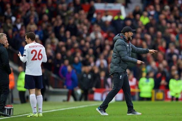 MANCHESTER, ENGLAND - Saturday, October 19, 2019: Liverpool's manager Jürgen Klopp reacts after Manchester United's opening goal during the FA Premier League match between Manchester United FC and Liverpool FC at Old Trafford. (Pic by David Rawcliffe/Propaganda)