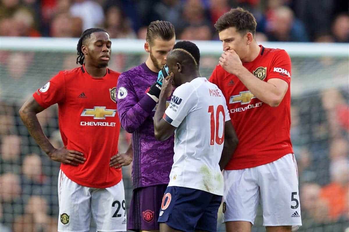 MANCHESTER, ENGLAND - Saturday, October 19, 2019: Manchester United players goalkeeper David de Gea and Harry Maguire rush to tell Liverpool's goalscorer Sadio Mane that his goal was disallowed by VAR during the FA Premier League match between Manchester United FC and Liverpool FC at Old Trafford. (Pic by David Rawcliffe/Propaganda)