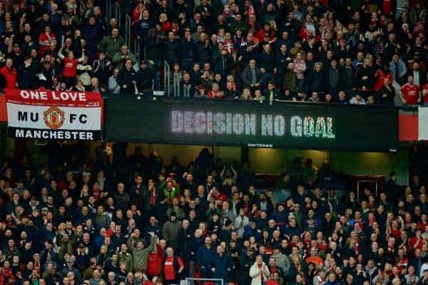 MANCHESTER, ENGLAND - Saturday, October 19, 2019: The wildly inaccurate and capricious VAR disallows Liverpool's first half equalising goal during the FA Premier League match between Manchester United FC and Liverpool FC at Old Trafford. (Pic by David Rawcliffe/Propaganda)