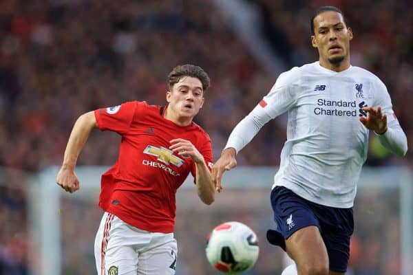 MANCHESTER, ENGLAND - Saturday, October 19, 2019: Manchester United's Daniel James (L) and Liverpool's Virgil van Dijk during the FA Premier League match between Manchester United FC and Liverpool FC at Old Trafford. (Pic by David Rawcliffe/Propaganda)