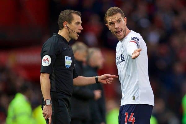 MANCHESTER, ENGLAND - Saturday, October 19, 2019: Liverpool's captain Jordan Henderson complains to the assistant referee during the FA Premier League match between Manchester United FC and Liverpool FC at Old Trafford. (Pic by David Rawcliffe/Propaganda)