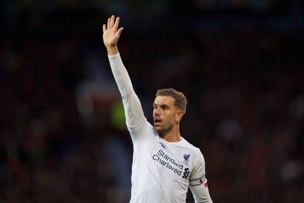 MANCHESTER, ENGLAND - Saturday, October 19, 2019: Liverpool's captain Jordan Henderson during the FA Premier League match between Manchester United FC and Liverpool FC at Old Trafford. (Pic by David Rawcliffe/Propaganda)