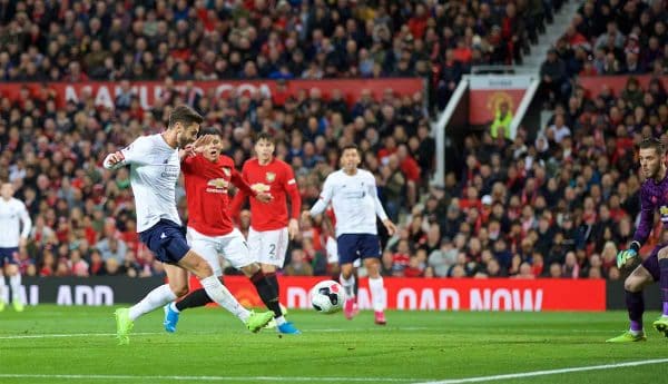 MANCHESTER, ENGLAND - Saturday, October 19, 2019: Liverpool's Adam Lallana scores a late equalising goal to level the score 1-1 during the FA Premier League match between Manchester United FC and Liverpool FC at Old Trafford. (Pic by David Rawcliffe/Propaganda)