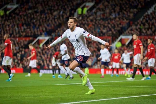 MANCHESTER, ENGLAND - Saturday, October 19, 2019: Liverpool's Adam Lallana celebrates scoring a late equalising goal to level the score 1-1 during the FA Premier League match between Manchester United FC and Liverpool FC at Old Trafford. (Pic by David Rawcliffe/Propaganda)