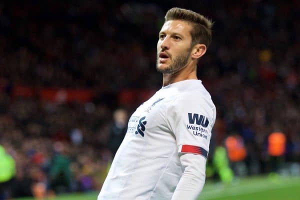 MANCHESTER, ENGLAND - Saturday, October 19, 2019: Liverpool's Adam Lallana celebrates scoring a late equalising goal to level the score 1-1 during the FA Premier League match between Manchester United FC and Liverpool FC at Old Trafford. (Pic by David Rawcliffe/Propaganda)