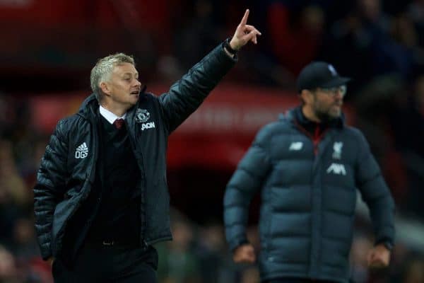 MANCHESTER, ENGLAND - Saturday, October 19, 2019: Manchester United's manager Ole Gunnar Solskjær during the FA Premier League match between Manchester United FC and Liverpool FC at Old Trafford. (Pic by David Rawcliffe/Propaganda)