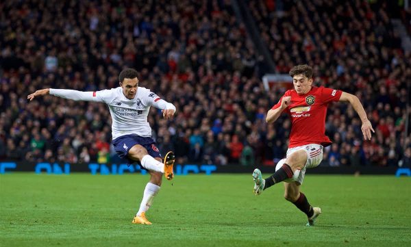 MANCHESTER, ENGLAND - Saturday, October 19, 2019: Liverpool's Trent Alexander-Arnold sees his cross blocked by Manchester United's Daniel James during the FA Premier League match between Manchester United FC and Liverpool FC at Old Trafford. (Pic by David Rawcliffe/Propaganda)