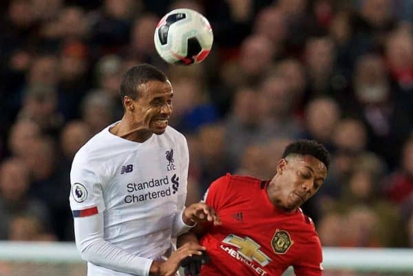 MANCHESTER, ENGLAND - Saturday, October 19, 2019: Liverpool's Joel Matip challenges for a header with Manchester United's Anthony Martial during the FA Premier League match between Manchester United FC and Liverpool FC at Old Trafford. (Pic by David Rawcliffe/Propaganda)