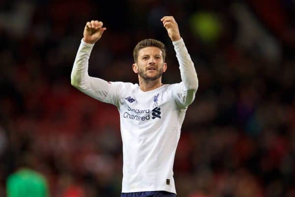 MANCHESTER, ENGLAND - Saturday, October 19, 2019: Liverpool's goal-scorer Adam Lallana applauds the travelling supporters after the FA Premier League match between Manchester United FC and Liverpool FC at Old Trafford. The game ended in a 1-1 draw. (Pic by David Rawcliffe/Propaganda)