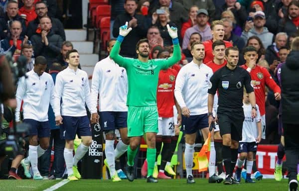 MANCHESTER, ENGLAND - Saturday, October 19, 2019: Liverpool's goalkeeper Alisson Becker prays as he walks out before the FA Premier League match between Manchester United FC and Liverpool FC at Old Trafford. (Pic by David Rawcliffe/Propaganda)