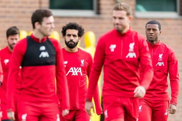 LIVERPOOL, ENGLAND - Tuesday, October 22, 2019: Liverpool's Mohamed Salahand and Georginio Wijnaldum during a training session at Melwood Training Ground ahead of the UEFA Champions League Group E match between KRC Genk and Liverpool FC. (Pic by Paul Greenwood/Propaganda)