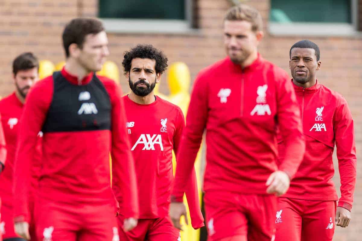 LIVERPOOL, ENGLAND - Tuesday, October 22, 2019: Liverpool's Mohamed Salahand and Georginio Wijnaldum during a training session at Melwood Training Ground ahead of the UEFA Champions League Group E match between KRC Genk and Liverpool FC. (Pic by Paul Greenwood/Propaganda)