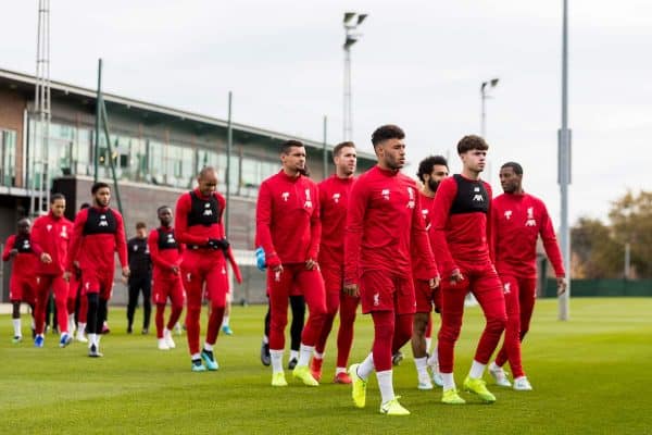 LIVERPOOL, ENGLAND - Tuesday, October 22, 2019: Liverpool's players during a training session at Melwood Training Ground ahead of the UEFA Champions League Group E match between KRC Genk and Liverpool FC. (Pic by Paul Greenwood/Propaganda) Alex Oxlade-Chamberlain, Curtis Jons