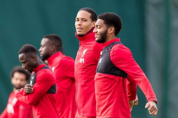 LIVERPOOL, ENGLAND - Tuesday, October 22, 2019: Liverpool's Virgil van Dijk and Joe Gomez during a training session at Melwood Training Ground ahead of the UEFA Champions League Group E match between KRC Genk and Liverpool FC. (Pic by Paul Greenwood/Propaganda)