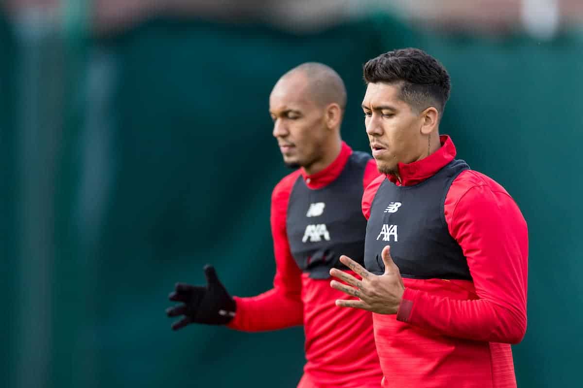LIVERPOOL, ENGLAND - Tuesday, October 22, 2019: Liverpool's Roberto Firmino and Fabio Henrique Tavares 'Fabinho' during a training session at Melwood Training Ground ahead of the UEFA Champions League Group E match between KRC Genk and Liverpool FC. (Pic by Paul Greenwood/Propaganda)