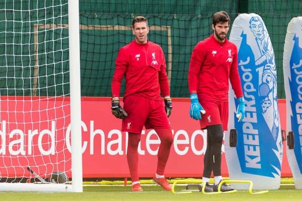 LIVERPOOL, ENGLAND - Tuesday, October 22, 2019: Liverpool's goalkeeper Adrián San Miguel del Castillo and Alisson Becker during a training session at Melwood Training Ground ahead of the UEFA Champions League Group E match between KRC Genk and Liverpool FC. (Pic by Paul Greenwood/Propaganda)