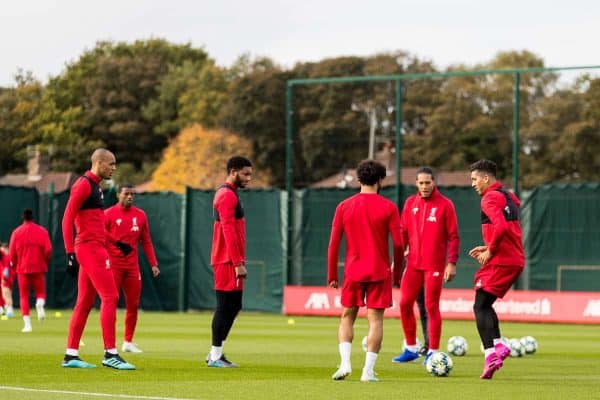 LIVERPOOL, ENGLAND - Tuesday, October 22, 2019: Liverpool's Roberto Firmino during a training session at Melwood Training Ground ahead of the UEFA Champions League Group E match between KRC Genk and Liverpool FC. (Pic by Paul Greenwood/Propaganda) Virgil van Dijk, Fabio Henrique Tavares 'Fabinho’, Joe Gomez