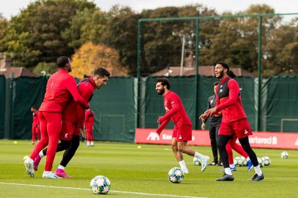 LIVERPOOL, ENGLAND - Tuesday, October 22, 2019: Liverpool's Roberto Firmino, Joe Gomez and Mohamed Salah during a training session at Melwood Training Ground ahead of the UEFA Champions League Group E match between KRC Genk and Liverpool FC. (Pic by Paul Greenwood/Propaganda)