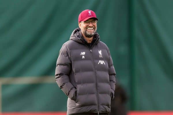 LIVERPOOL, ENGLAND - Tuesday, October 22, 2019: Liverpool's manager Jürgen Klopp during a training session at Melwood Training Ground ahead of the UEFA Champions League Group E match between KRC Genk and Liverpool FC. (Pic by Paul Greenwood/Propaganda)