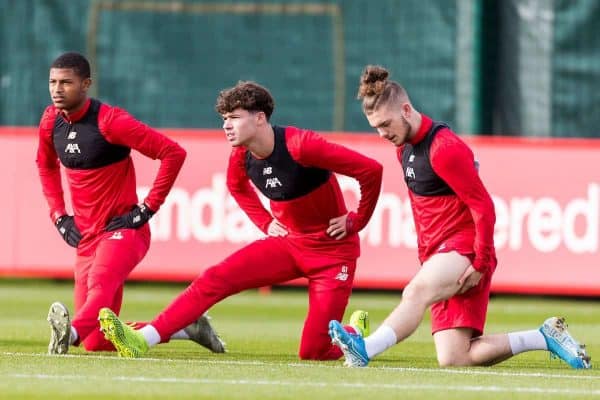 LIVERPOOL, ENGLAND - Tuesday, October 22, 2019: Liverpool's Rhian Brewster, Neco Williams and Harvey Elliott during a training session at Melwood Training Ground ahead of the UEFA Champions League Group E match between KRC Genk and Liverpool FC. (Pic by Paul Greenwood/Propaganda)