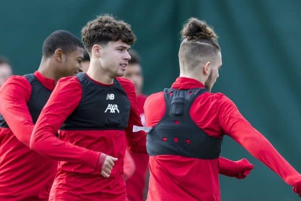 LIVERPOOL, ENGLAND - Tuesday, October 22, 2019: Liverpool's Rhian Brewster, Neco Williams and Harvey Elliott during a training session at Melwood Training Ground ahead of the UEFA Champions League Group E match between KRC Genk and Liverpool FC. (Pic by Paul Greenwood/Propaganda)