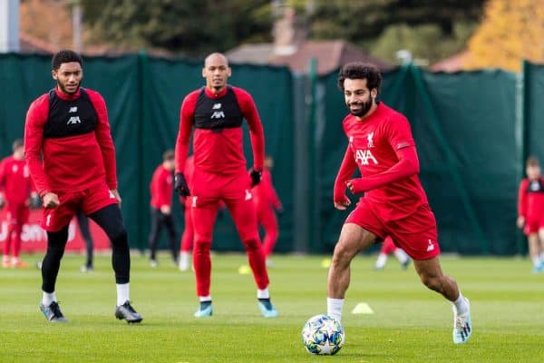 LIVERPOOL, ENGLAND - Tuesday, October 22, 2019: Liverpool's Mohamed Salah during a training session at Melwood Training Ground ahead of the UEFA Champions League Group E match between KRC Genk and Liverpool FC. (Pic by Paul Greenwood/Propaganda)