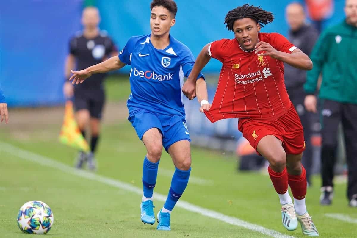 GENK, BELGIUM - Wednesday, October 23, 2019: Liverpool's Yasser Larouci (R) and KRC Genk's Ilias Takidine the UEFA Youth League Group E match between KRC Genk Under-19's and Liverpool FC Under-19's at the KRC Genk Arena Stadium B. (Pic by David Rawcliffe/Propaganda)