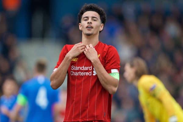 GENK, BELGIUM - Wednesday, October 23, 2019: Liverpool's captain Curtis Jones looks dejected after missing a chance during the UEFA Youth League Group E match between KRC Genk Under-19's and Liverpool FC Under-19's at the KRC Genk Arena Stadium B. (Pic by David Rawcliffe/Propaganda)