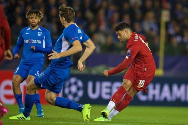 GENK, BELGIUM - Wednesday, October 23, 2019: Liverpool's Alex Oxlade-Chamberlain scores the first goal during the UEFA Champions League Group E match between KRC Genk and Liverpool FC at the KRC Genk Arena. (Pic by David Rawcliffe/Propaganda)