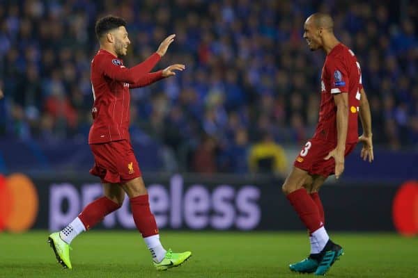 GENK, BELGIUM - Wednesday, October 23, 2019: Liverpool's Alex Oxlade-Chamberlain (L) celebrates scoring the first goal with team-mate Fabio Henrique Tavares 'Fabinho' during the UEFA Champions League Group E match between KRC Genk and Liverpool FC at the KRC Genk Arena. (Pic by David Rawcliffe/Propaganda)